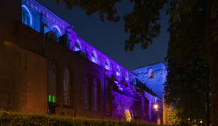 During the night-time darkness, the ruins are illuminated in shadowy purples, pinks and blues